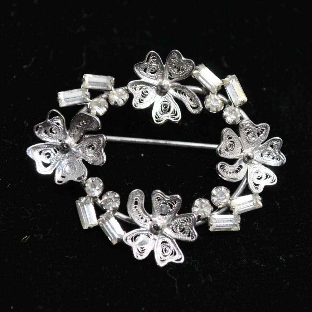 Vintage Carl Art Sterling Clover Wreath Brooch with Rhinestones